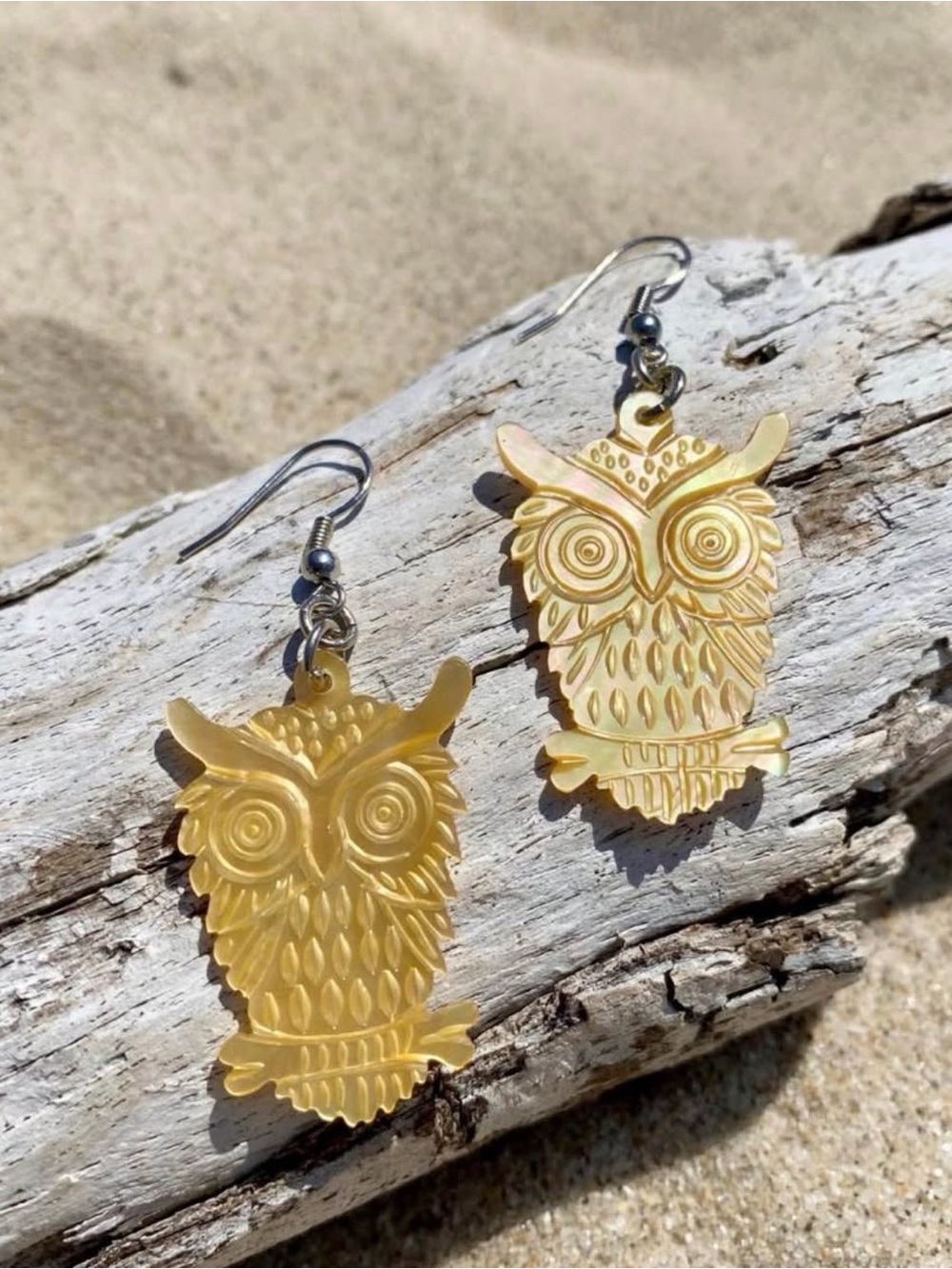 Golden Yellow Mother of Pearl Shell Carved Owl Dangle Earrings